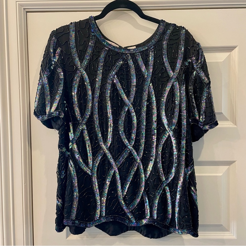 Vintage Black Sequin Beaded Short-Sleeve Evening Top PL